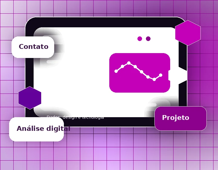 Interface visual com painel digital, dados de atendimento e elementos 3D flutuantes