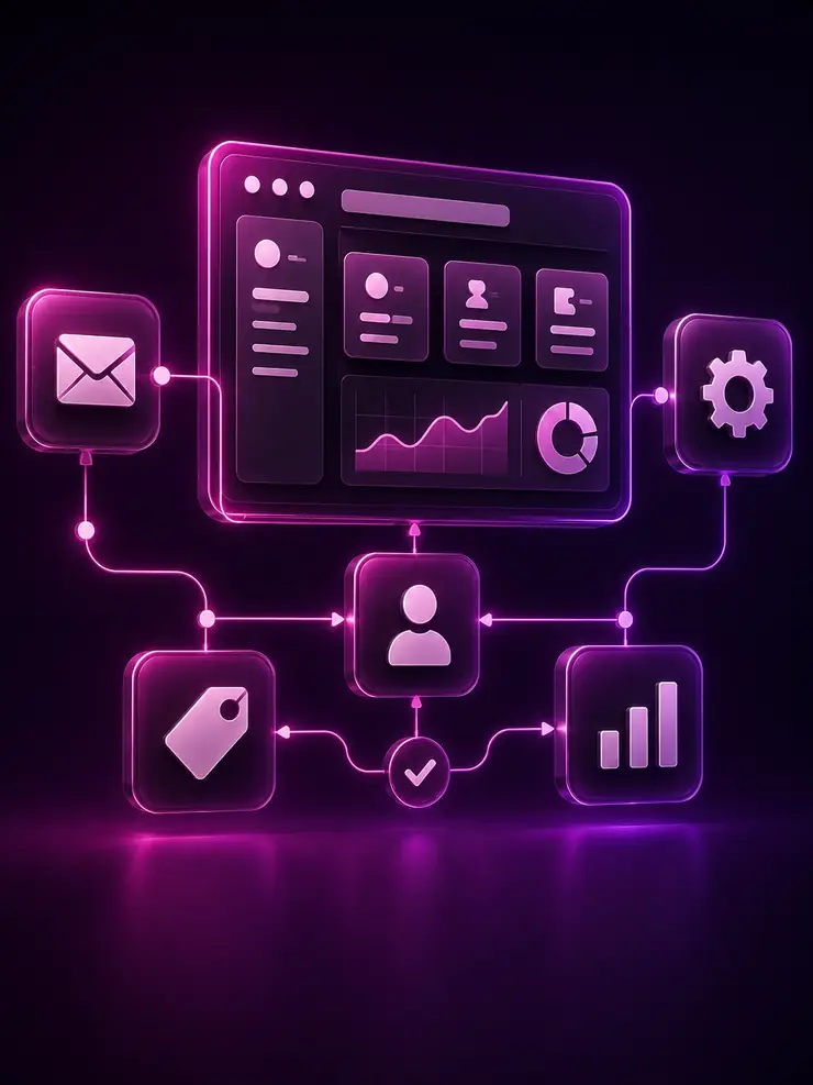 Ilustração premium de automação comercial com fluxo digital, CRM e conexões