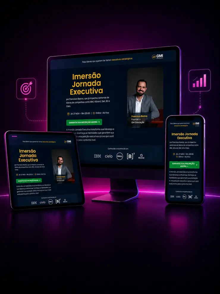 Ilustração premium de landing page com telas responsivas e indicadores de conversão